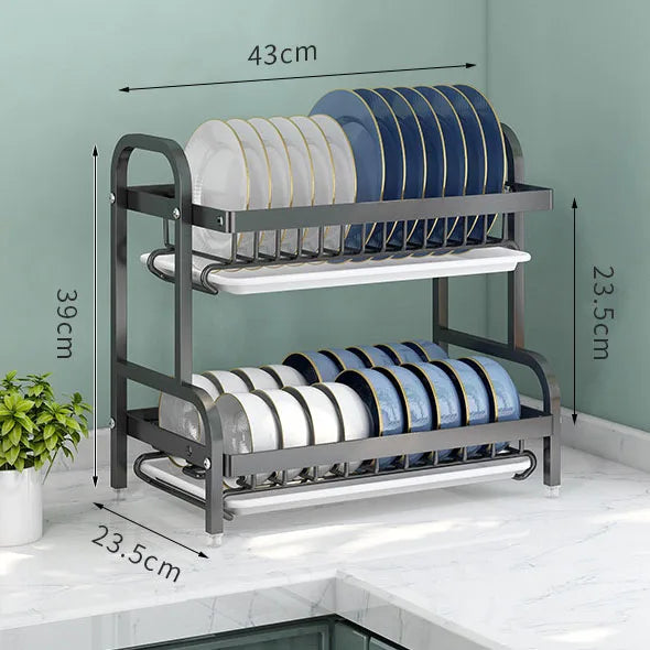 Dish Drying Rack 2-Tier Compact Kitchen Dish Rack Drainboard Set Large Rust-Proof Dish Drainer with Utensil Holder