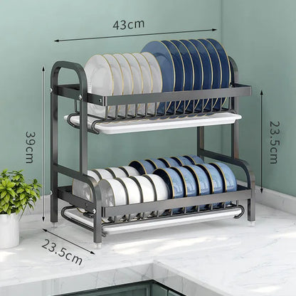 Dish Drying Rack 2-Tier Compact Kitchen Dish Rack Drainboard Set Large Rust-Proof Dish Drainer with Utensil Holder