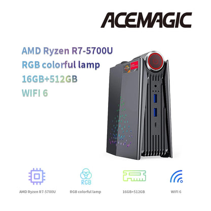 AMR5 Mini PC AMD Ryzen 7 5700U DDR4 16G SSD512GB Windows 11Pro RGB Colorful Breathing Light